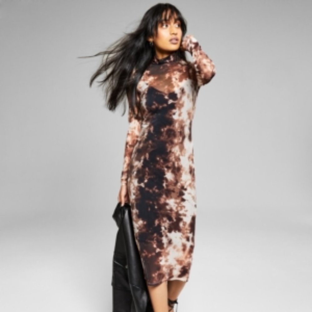 AndNowThis Mesh Tie Dye Brown Retro Gothic Maxi Long Sleeve Slip Dress